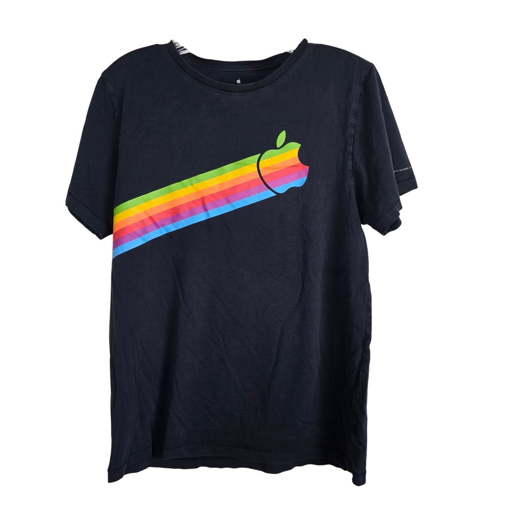 Apple Employee T Shirt Small Black Retro Rainbow Logo Designed in California